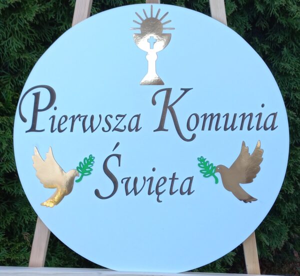 Tablica Pierwsza Komunia Święta –  biała ze złotymi ozdobami